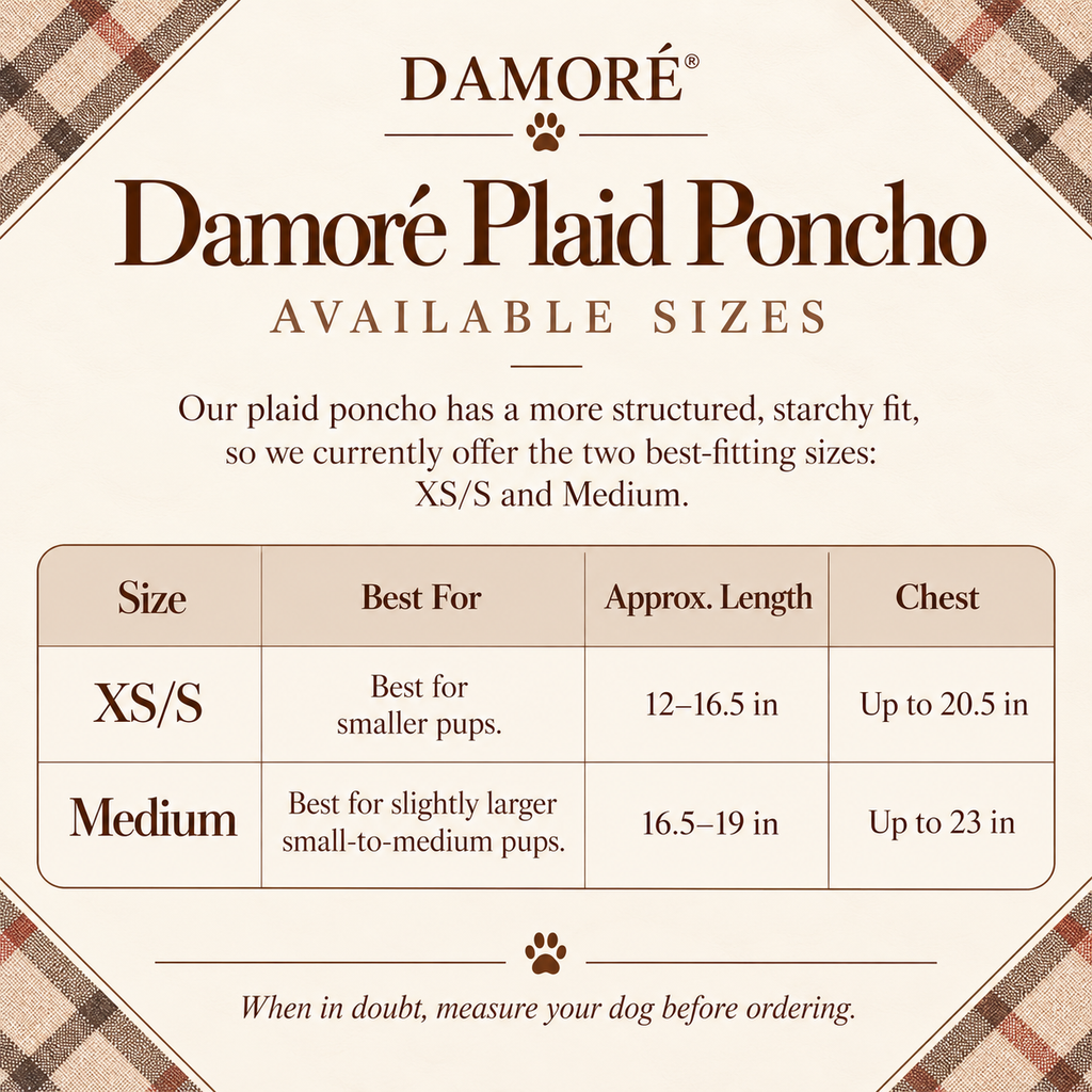 Damoré Plaid Poncho size guide with chest and length measurements.