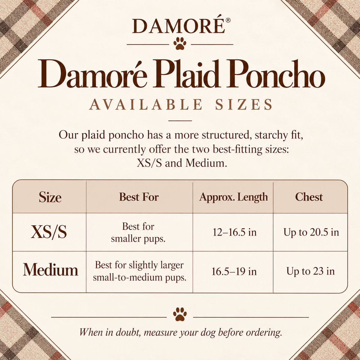 Damoré Plaid Poncho size guide with chest and length measurements.